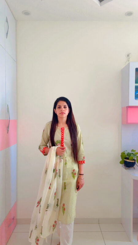 Sage - Striped Cotton Kurta Set